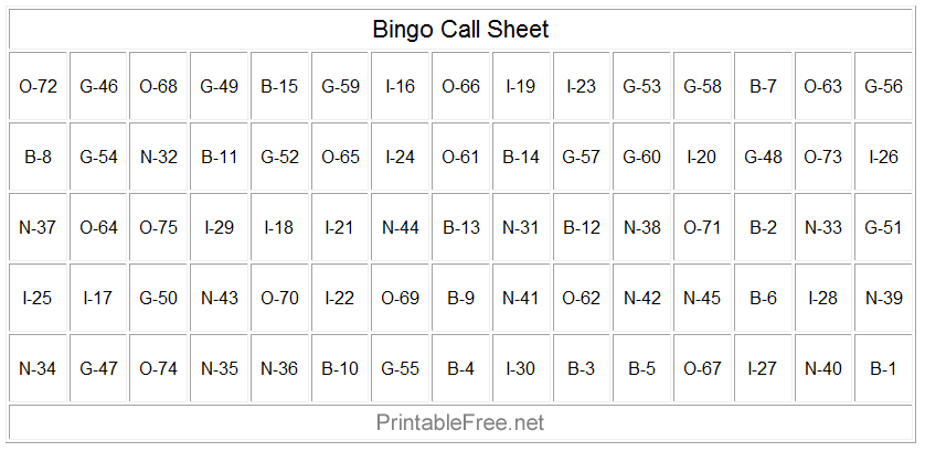 Bingo Call Sheet Sample