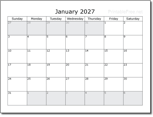 2027 Monthly Calendar Sample